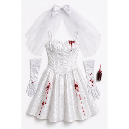Zombie Bride Costume, White Halloween Dress on-model view