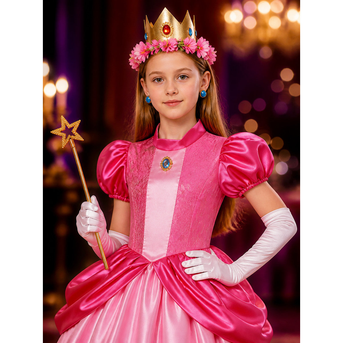 Girls Halloween Peach Pink Princess Costume Set with Lace Ball Gown, Crown & on-model view