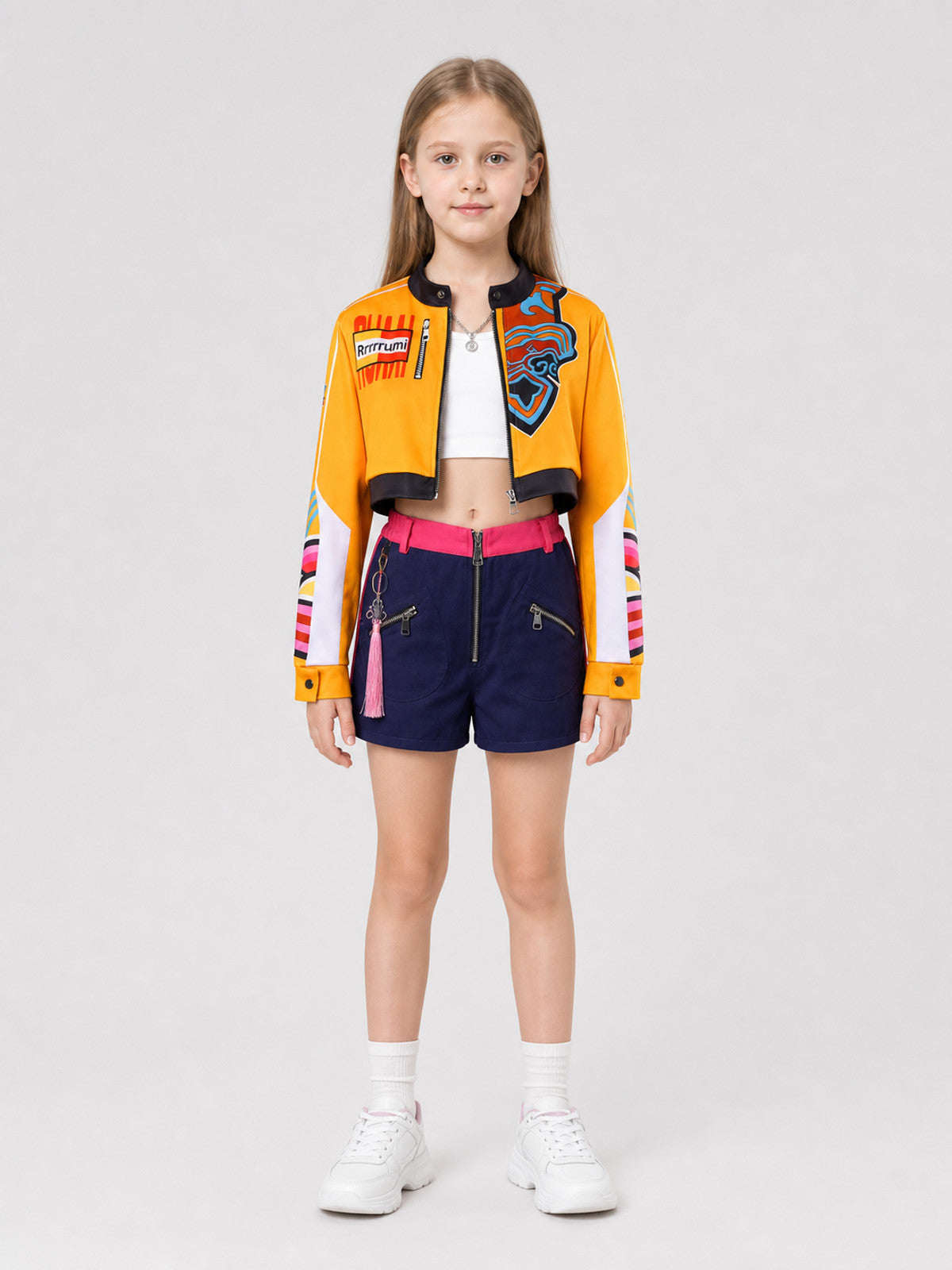 Rumi C Cosplay Costume: Jacket, Shorts, Top, and Accessories on-model view