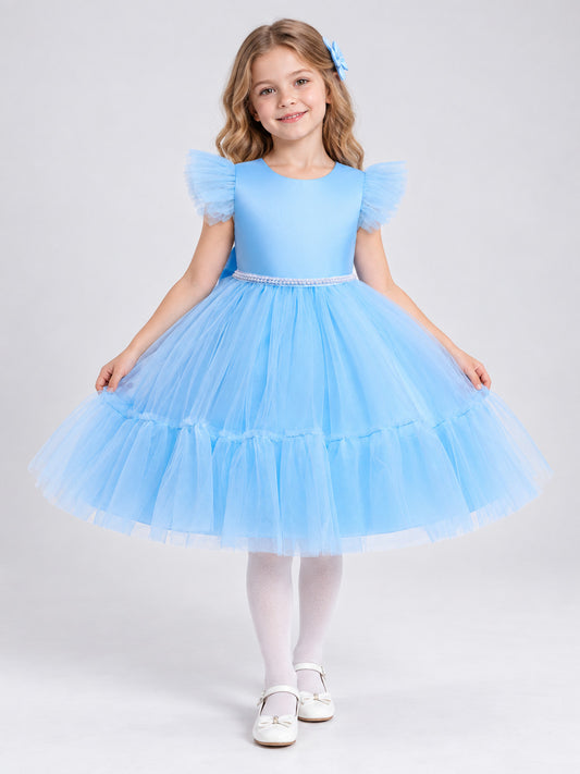 Girls' Holiday Dress with Bow and Pearl Belt