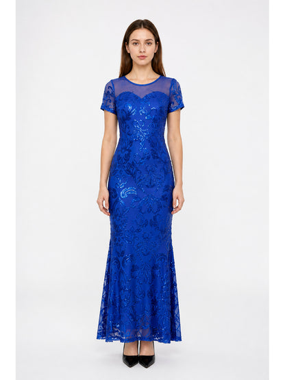 Long Blue Floral Dress with a Fitted Bodice and Flared Skirt main product view