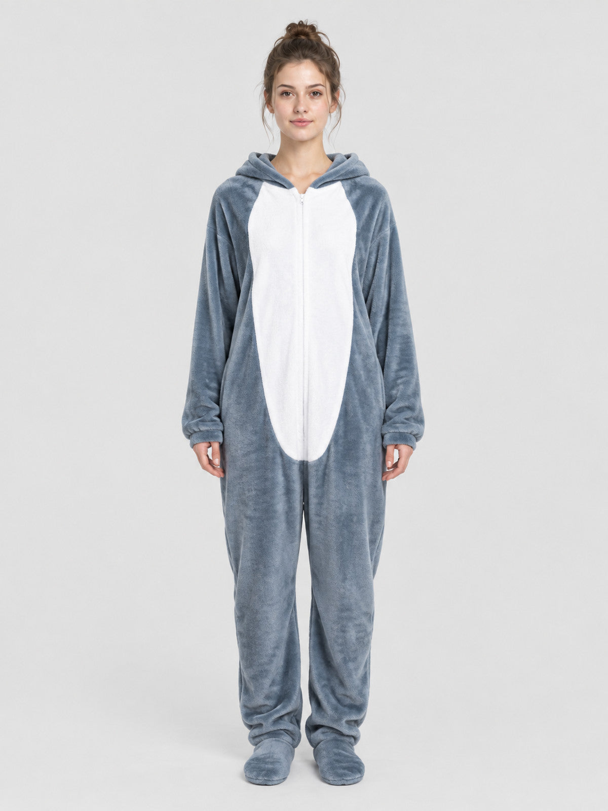 Flannel Pajama Jumpsuit Gray-Blue with Hood