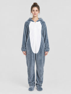 Flannel Pajama Jumpsuit Gray-Blue with Hood