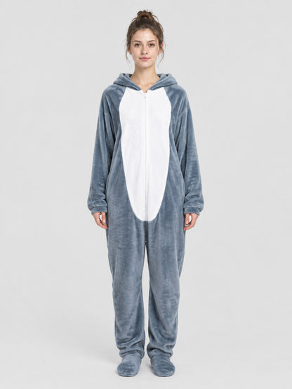 Flannel Pajama Jumpsuit Gray-Blue with Hood