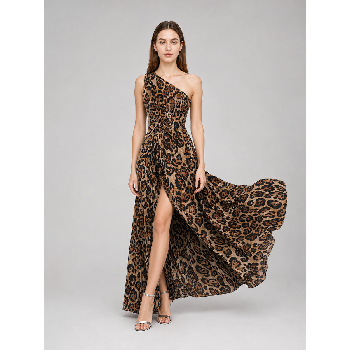 One-Shoulder Leopard Print Maxi Dress