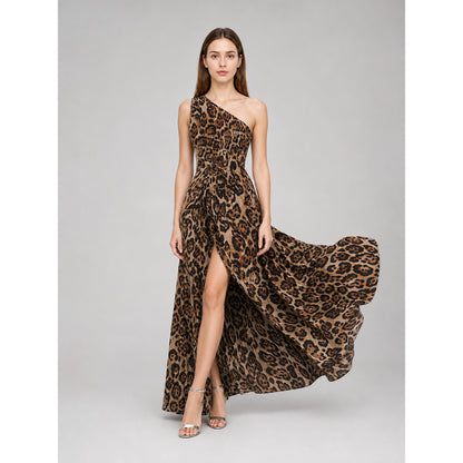 One-Shoulder Leopard Print Maxi Dress