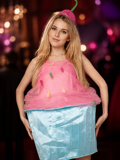 Adult Halloween Cake Costume Jumpsuit with Sprinkle Tulle Layers and Green Stem on-model view
