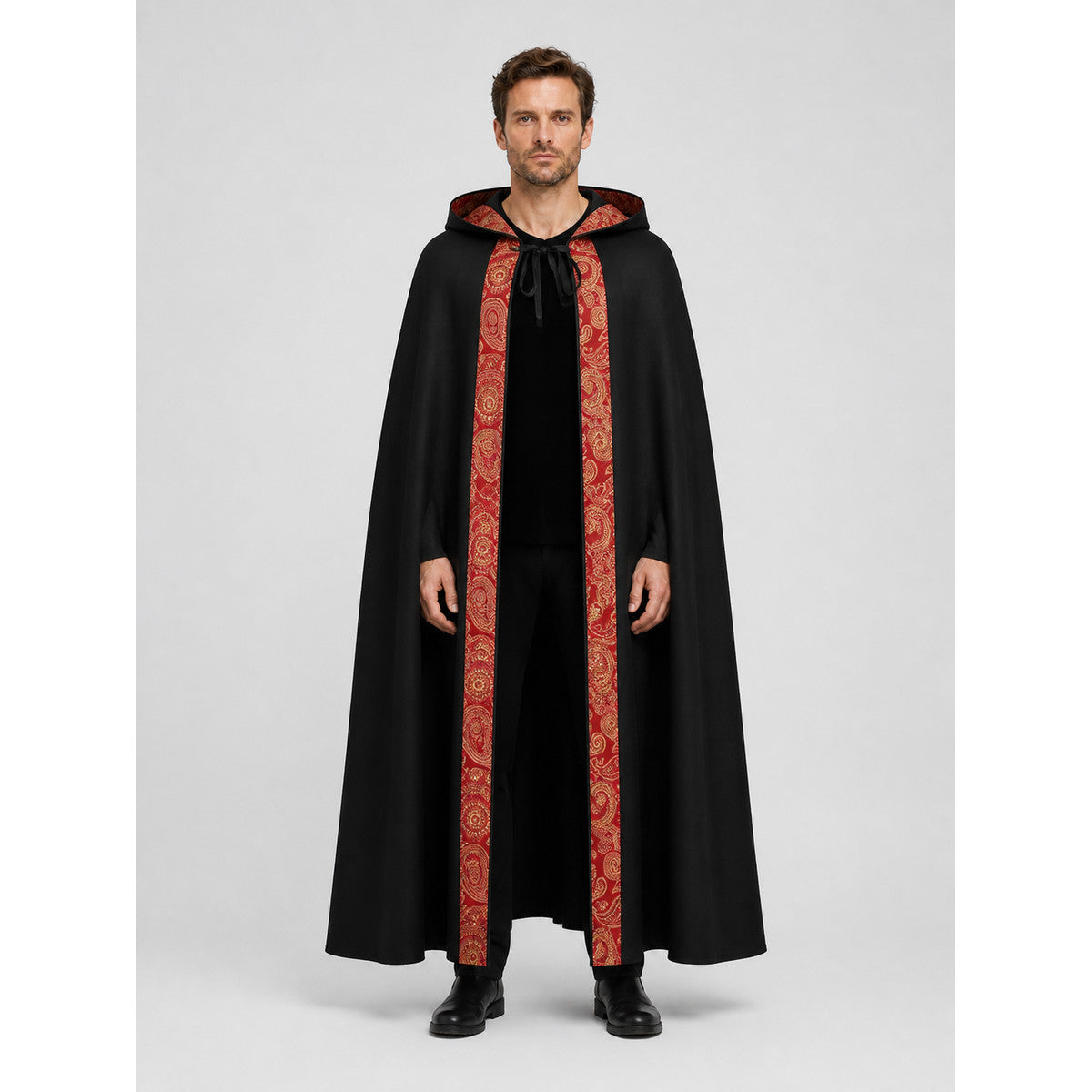 Black Gothic Hooded Cloak with Ornamental Trim on-model view