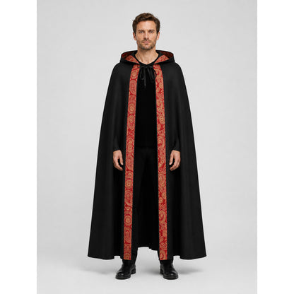 Black Gothic Hooded Cloak with Ornamental Trim on-model view