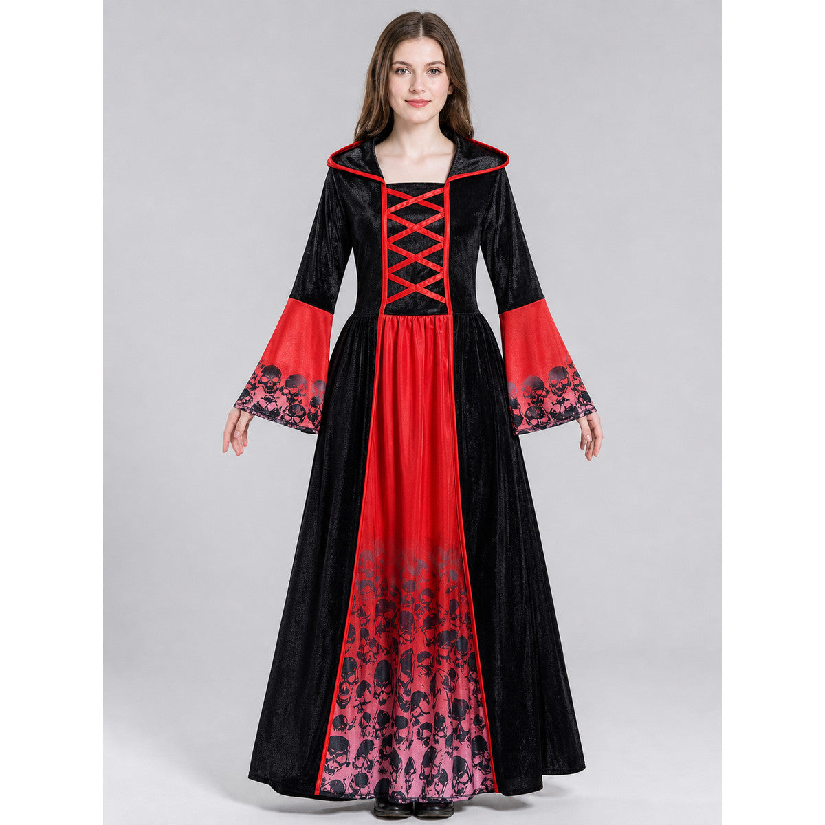 Hooded vampire costume dress, gothic look front view