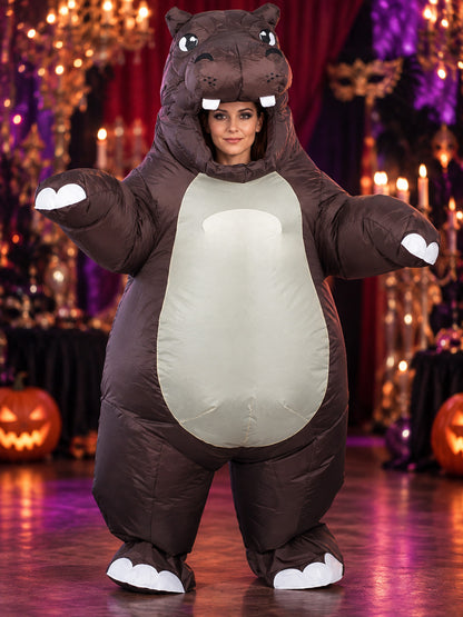 Inflatable hippo costume with white fangs and an open mouth