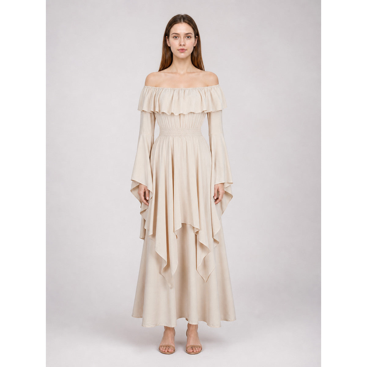 Off-the-shoulder maxi dress with ruffles on-model view
