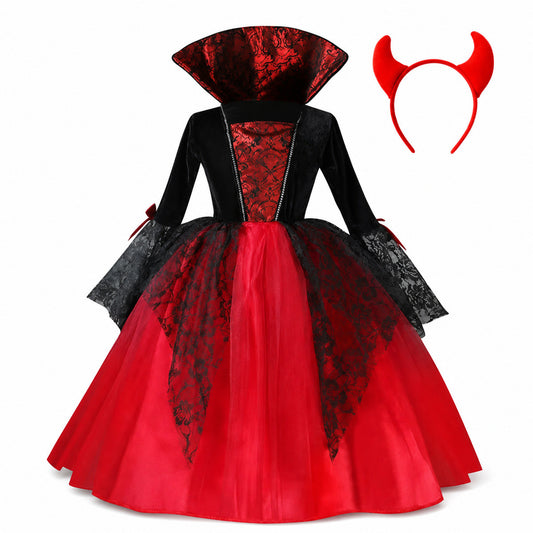 2025 Girls Cosplay Vampire Halloween Dress For Kids Ghost Bride Gothic Costume Count Vampiran Carnival Outfit Black Red Clothes - Color:2Pcs Set