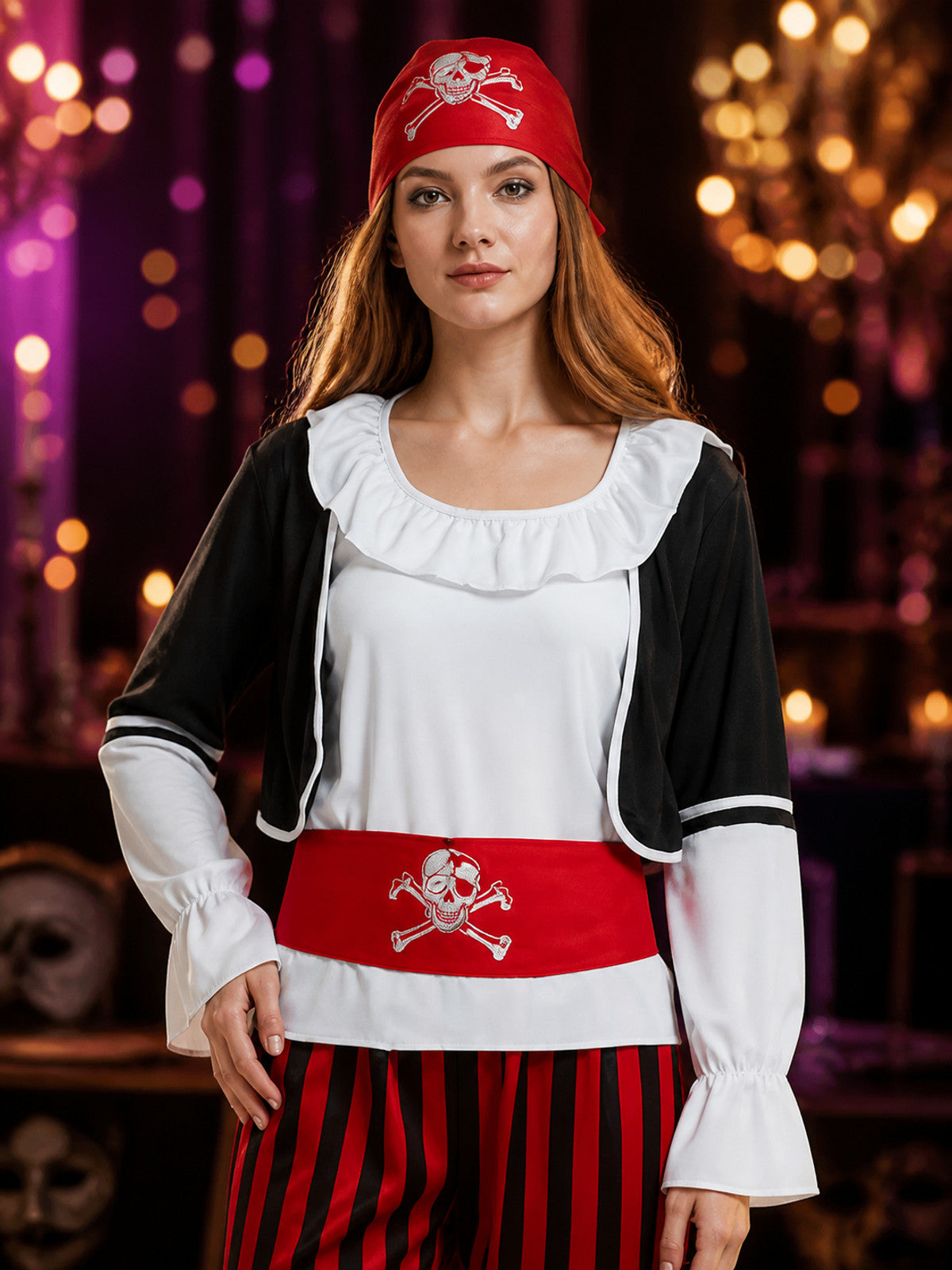 Adult Pirate Costume Set, Skull Crossbones Top, Striped Pants, Belt & Headscarf on-model view