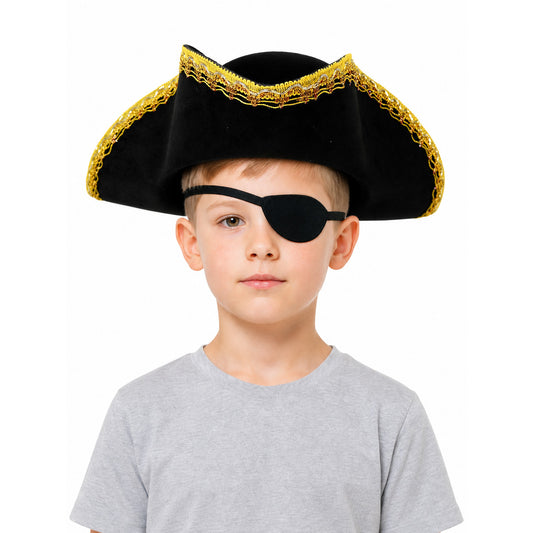 Children's black pirate tricorn hat with decorative gold trim for costume play and themed events