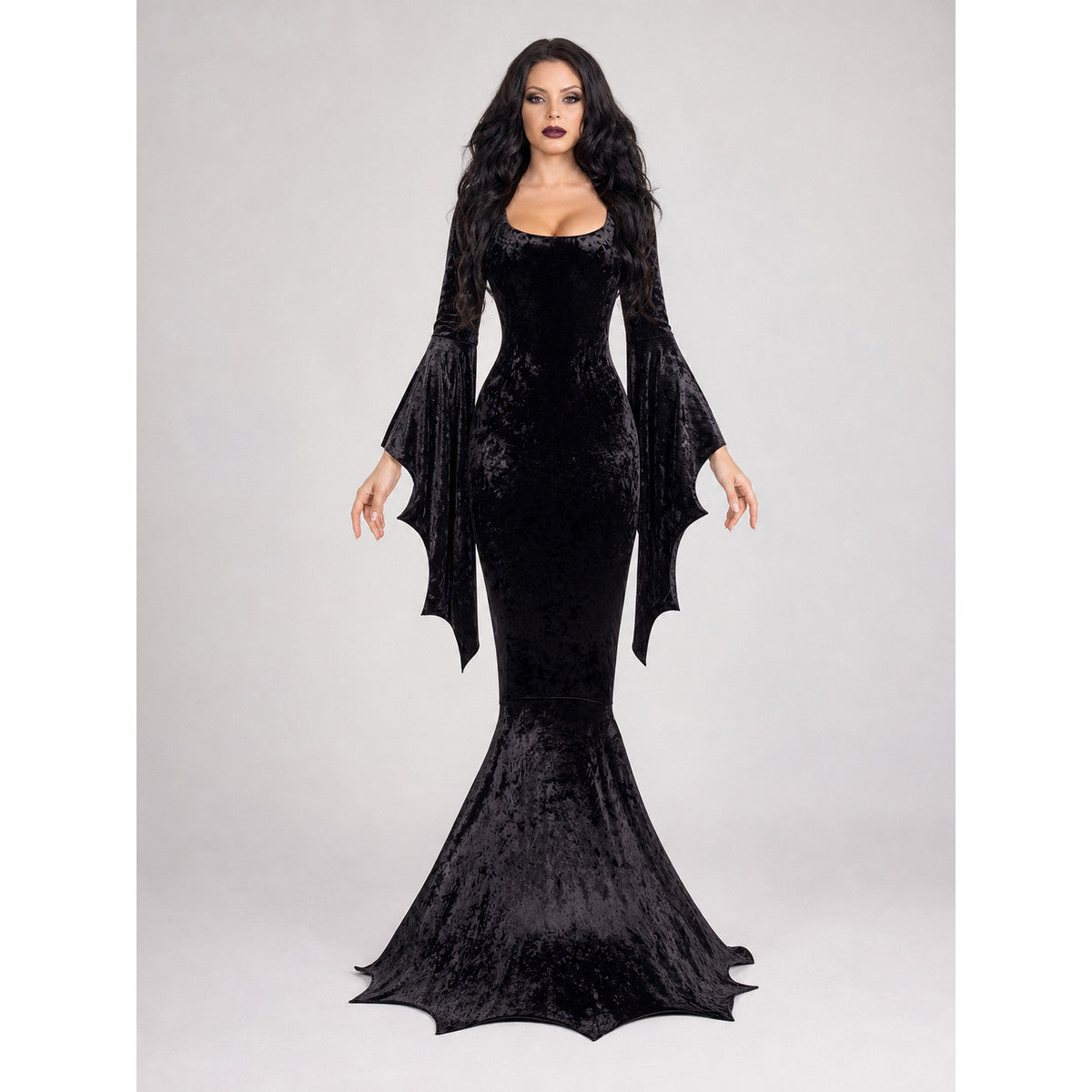 Black Cosplay Dress with Bat-Wing Sleeves front view