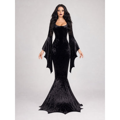 Black Cosplay Dress with Bat-Wing Sleeves front view