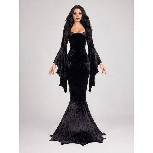 Black Cosplay Dress with Bat-Wing Sleeves front view