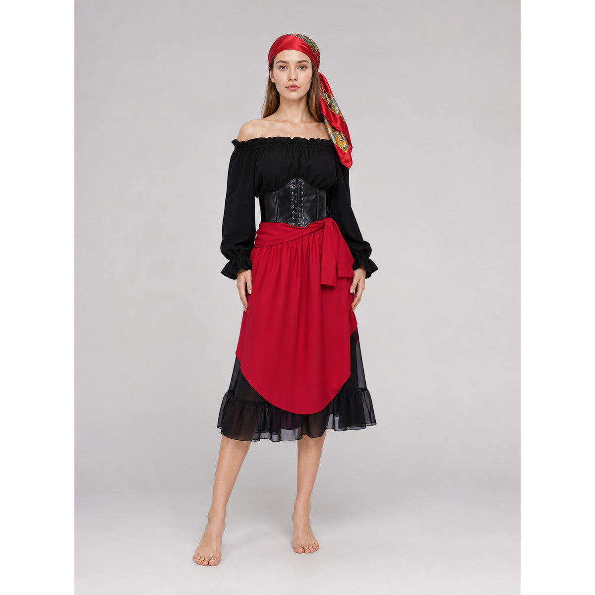 Theatrical pirate costume set with accessories. The black-and-red two-tone design creates a striking look for themed events and photo shoots. The set includes a black off-shoulder blouse with gathered pleats, long voluminous sleeves with ga