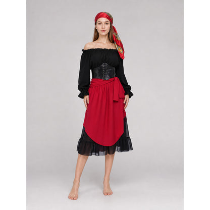 Theatrical pirate costume set with accessories. The black-and-red two-tone design creates a striking look for themed events and photo shoots. The set includes a black off-shoulder blouse with gathered pleats, long voluminous sleeves with ga