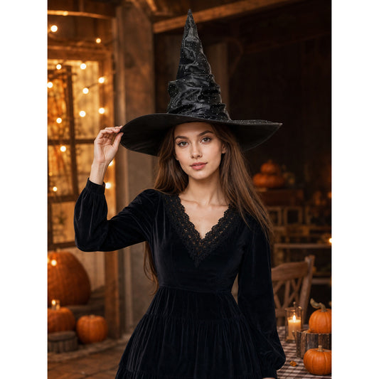 Black Halloween Witch Hat Pointed Wide Brim Ruched Crown With Silver-White Dot Embellishments Costume Accessory