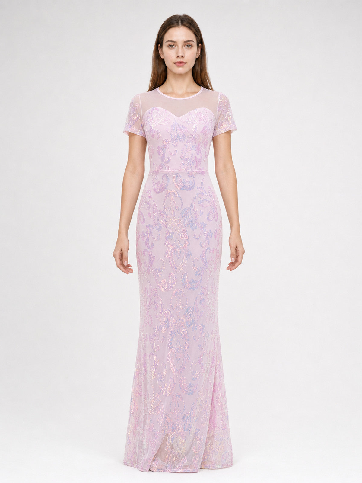 Floor-Length Evening Dress with Sequined Floral Pattern front view