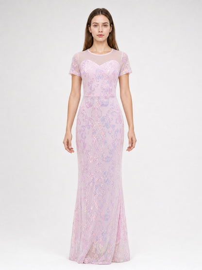 Floor-Length Evening Dress with Sequined Floral Pattern front view