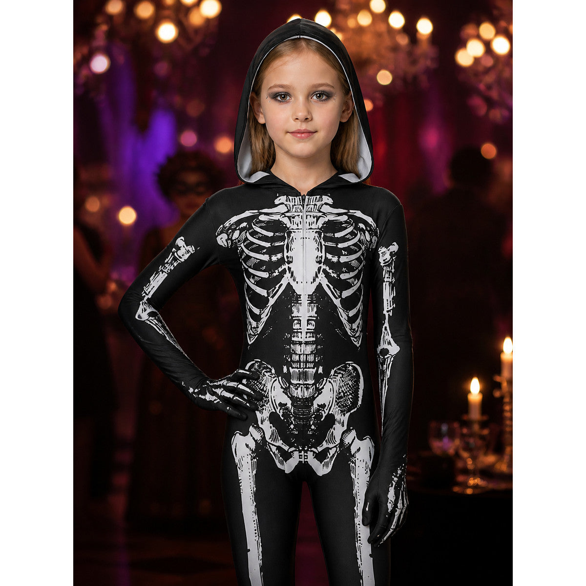 Skeleton Hooded Jumpsuit Costume, Black White Full Body Print for Halloween on-model view