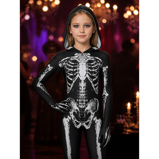 Skeleton Hooded Jumpsuit Costume, Black White Full Body Print for Halloween on-model view