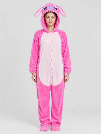 Pink Fleece Hooded Pajama Jumpsuit with Ears
