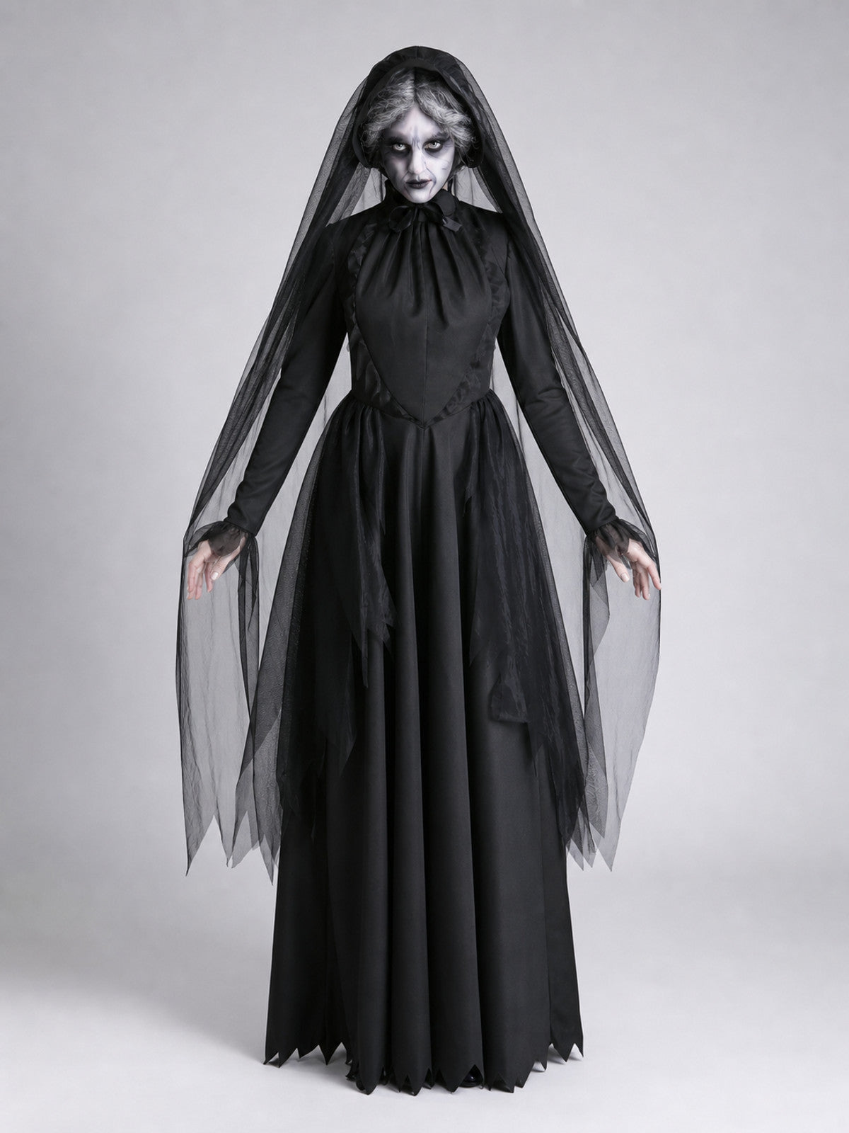 Black Gothic Hooded Dress with Tattered Details front view