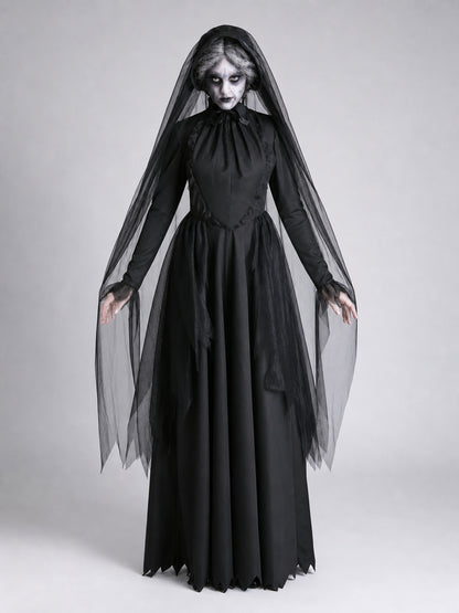 Black Gothic Hooded Dress with Tattered Details front view