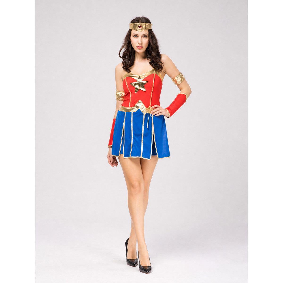 Superhero Costume Dress with Headband and Cuffs on-model view