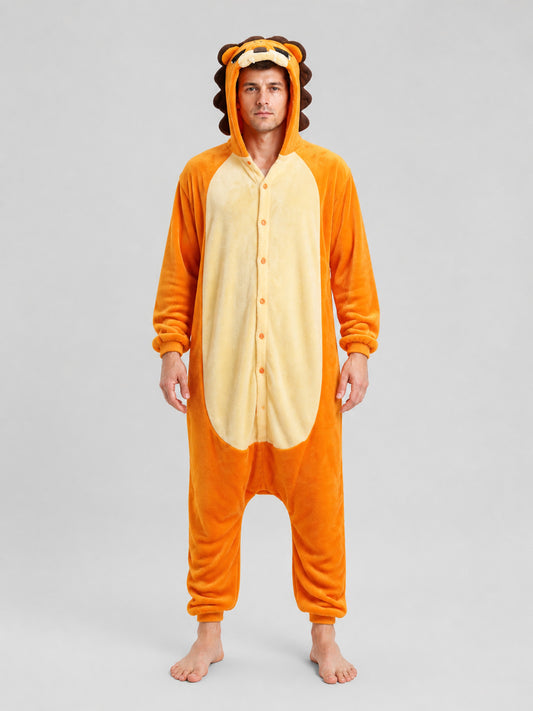 Flannel Lion Hooded Onesie Pajamas for Home on-model view