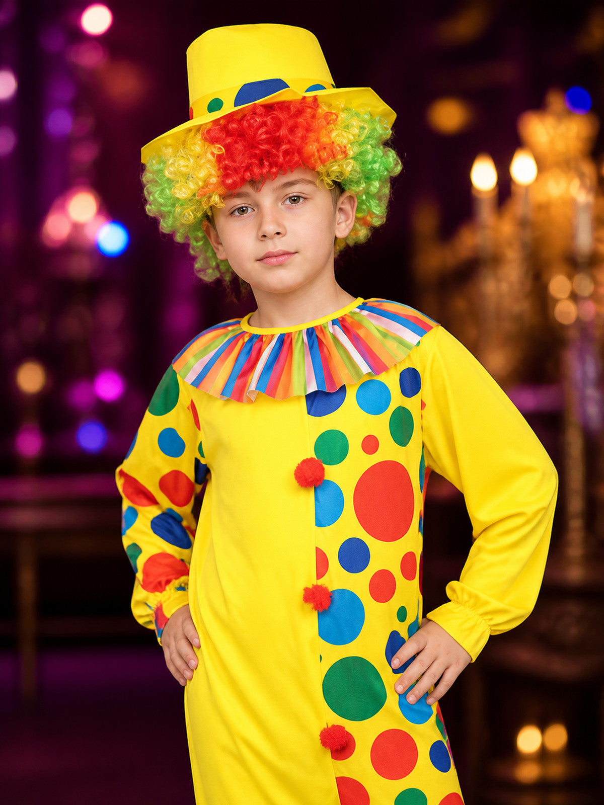 Boys' Clown Costume Set, Colorful Polka Dot Jumpsuit With Hat on-model view