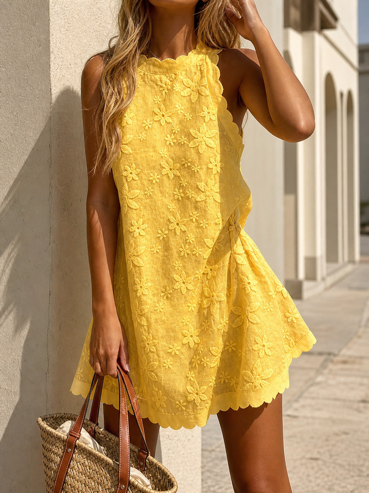Yellow Women's Sleeveless Dress with Floral Decoration main product view