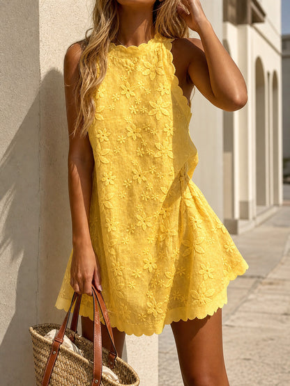 Yellow Women's Sleeveless Dress with Floral Decoration main product view