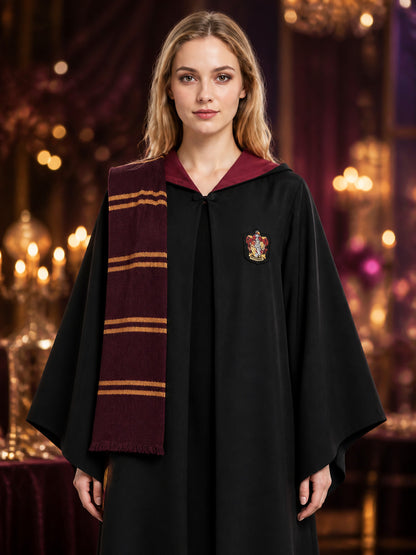 Children's Hooded Wizard Robe Costume Set with Striped Scarf on-model view