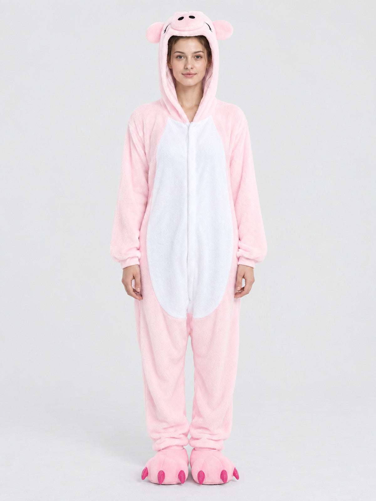 Kids' Pink and White Hooded Pajama Jumpsuit with Ears