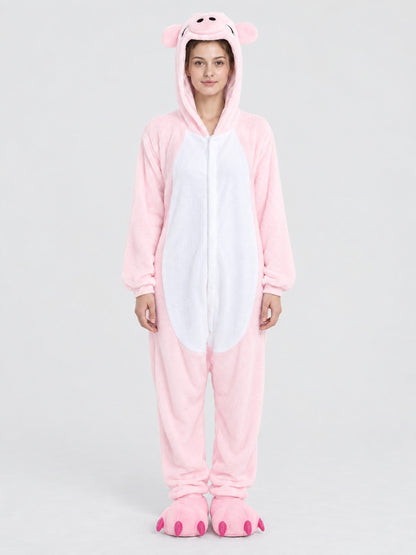 Kids' Pink and White Hooded Pajama Jumpsuit with Ears