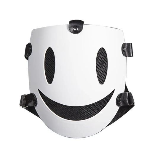 White smiling face Halloween mask, front view on white background