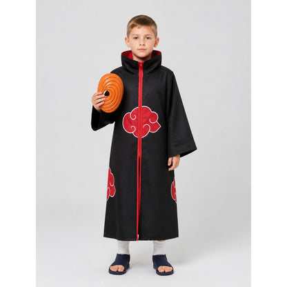 Child model wearing the black Akatsuki-style cosplay cloak with red cloud emblems, holding the orange spiral mask, front view