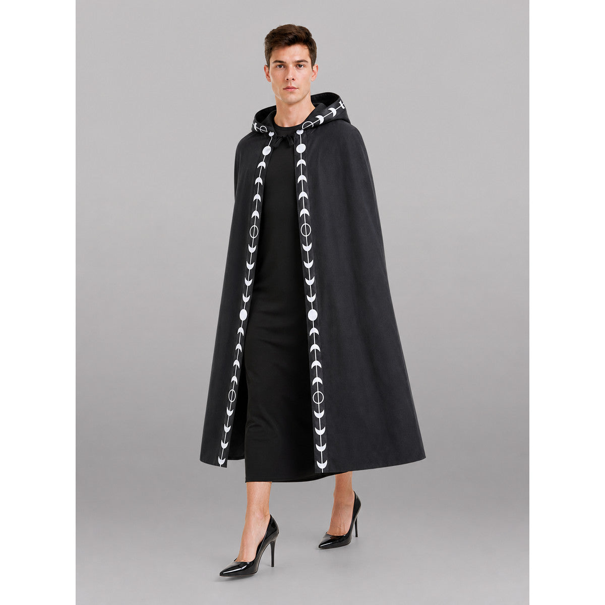 Black Carnival Cloak with Hood, Moon Pattern