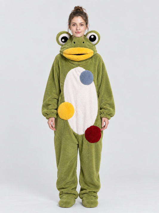 Green frog onesie pajama with oversized frog head