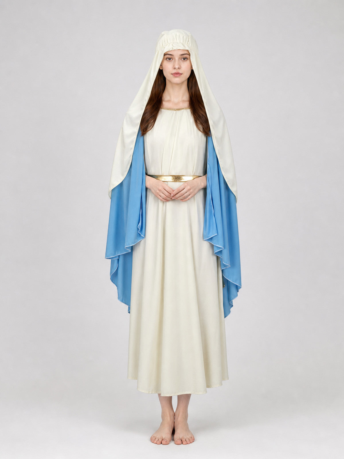 White full-length robe on a model with a blue draped cape, gold sash, and gathered white head covering against a plain background