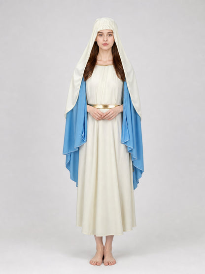 White full-length robe on a model with a blue draped cape, gold sash, and gathered white head covering against a plain background