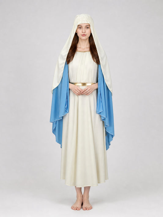 White full-length robe on a model with a blue draped cape, gold sash, and gathered white head covering against a plain background