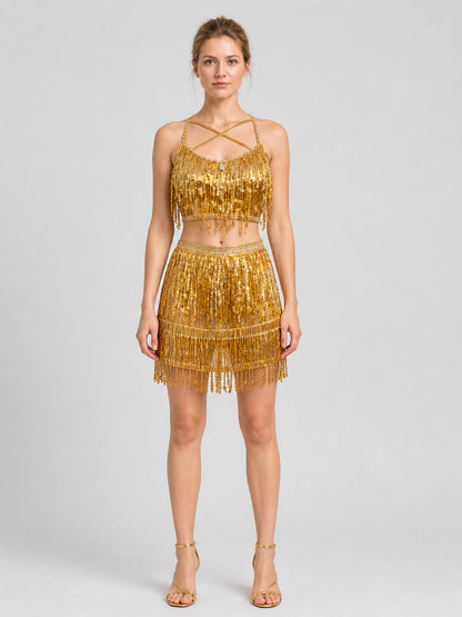 Stage Costume: Sequin and Fringe Top and Skirt on-model view