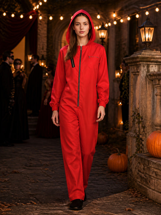 Salvador Dali Themed Red and Black Full Body Onesie Costume with Hood, Front