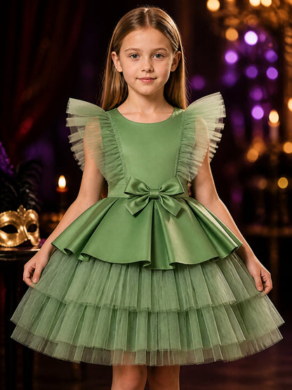 Girls' Green Princess Tulle Dress, Short Sleeve Bow Flower Girl Formal Dress on-model view